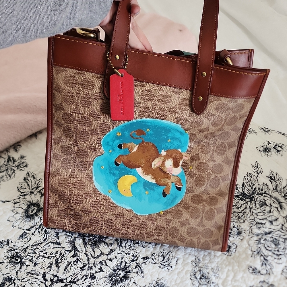Coach Brown and Tan Tote with Unique Blue Patch